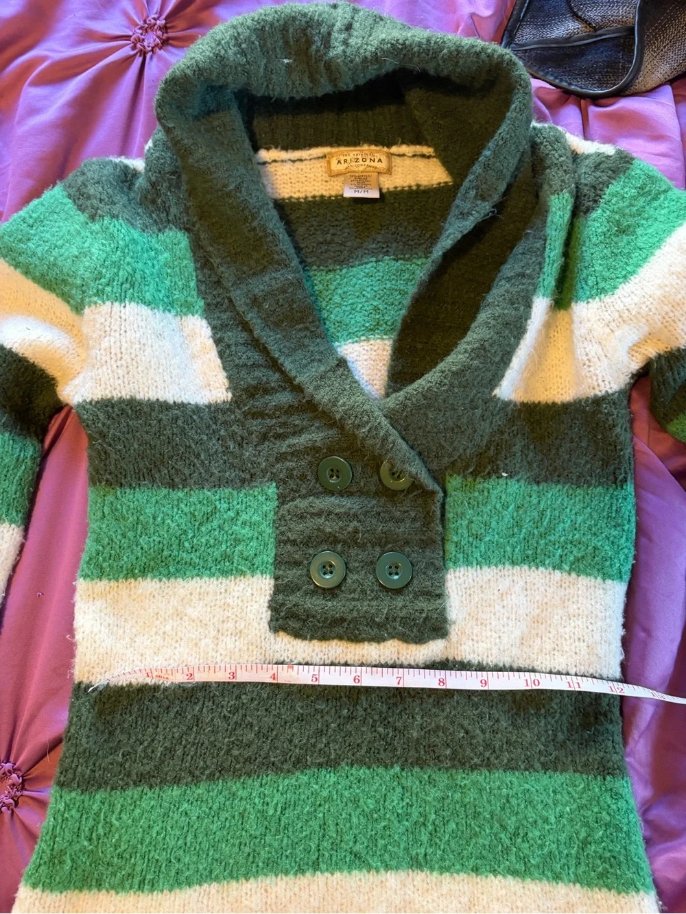 Vintage Y2K Cozy Green Striped Shawl-Collar Sweater